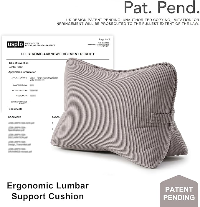 Pat. Pend. Corduroy Back Pillow for Sitting, Lumbar Support Cushion for Sofa, Office Chair & Bed Sitting, Reading & Watching TV, Ergonomic Triangle Backrest Pillow, Light Gray