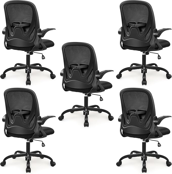 Primy 5-Pack Office Chair Ergonomic Desk Chair with Flip up Armrests Swivel Breathable Desk Mesh Computer Chair with Adjustable Lumbar Support and Height for Conference Room (Black)