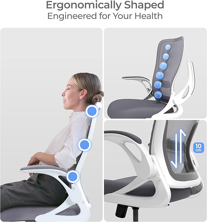Tervo Model U | Folding Office Chair for Small Spaces | Gaming Chair for Adults & Kids | Ergonomic Mesh Computer Chair for Bedroom | Foldable Desk Chair for Home Work (White & Grey)