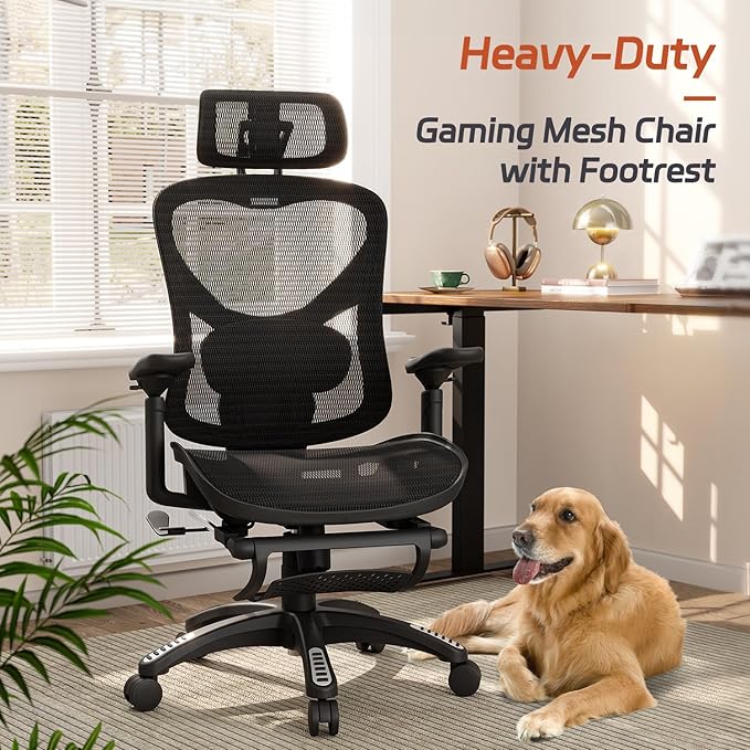 Ergonomic Home Mesh Chair with Footrest, Lumbar Height Adjustment & 215° Rotate Armrests, Recline Lock 90°–120°, High-Back Big and Tall Computer Chair, Heavy-Duty Office Chair, Black