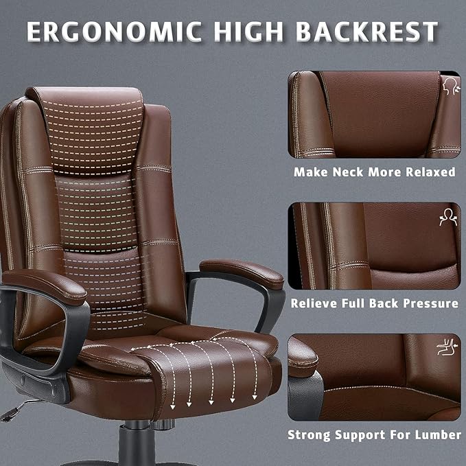 LEMBERI Office Desk Chair, Managerial Executive Chair, High Back Computer Chair, Ergonomic Height Adjustable PU Leather Chairs with Cushions Armrest for Long Time Sitting (Brown)