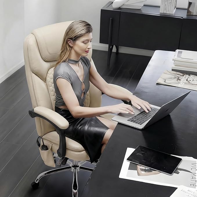 MALOL Massage Office Chair with 3-Level Heat and Footrest – 20-Min Easy Assembly, 300 lbs Big and Tall Reclining Desk Chair, PU Leather Ergonomic Executive Computer Chair with Side Pocket, Beige