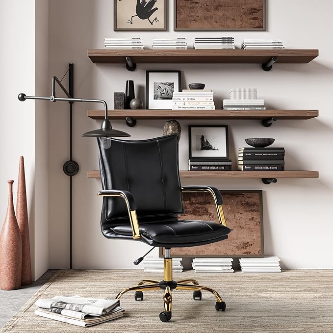 HULALA HOME Faux Leather Home Office Desk Chair, Adjustable Swivel Computer Chair with Golden Legs and Arms, Comfy Upholstered Task Chair, Black