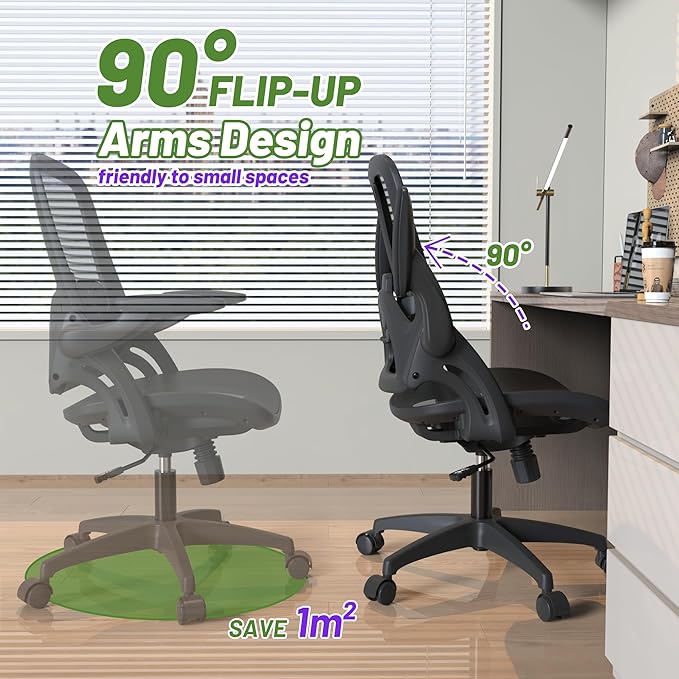 Full Mesh Home Office Desk Chair with Flip Up Arms Height Adjustable Lumbar Support Swivel Wheels for Adult