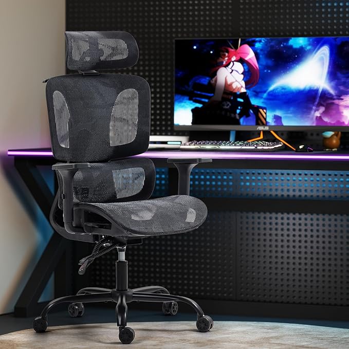 ECOTOUGE Mesh Desk Chair, Ergonomic Office Chair with Lumbar Support, Adjustable Headrest & 3D Armrests, Reclining High Back Chair for Home, Black Gaming Chair for Adults