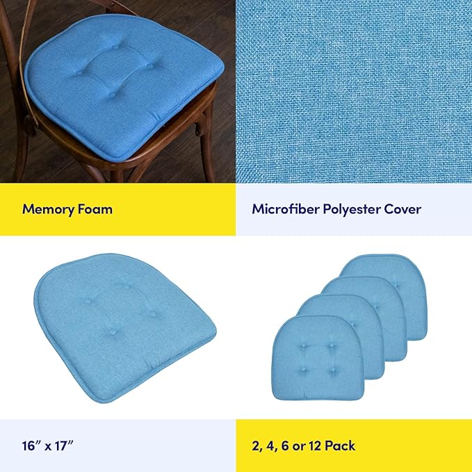 Sweet Home Collection Chair Cushion Memory Foam Pads Tufted Slip Non Skid Rubber Back U-Shaped 17" x 16" Seat Cover, 6 Count (Pack of 1), Turquoise