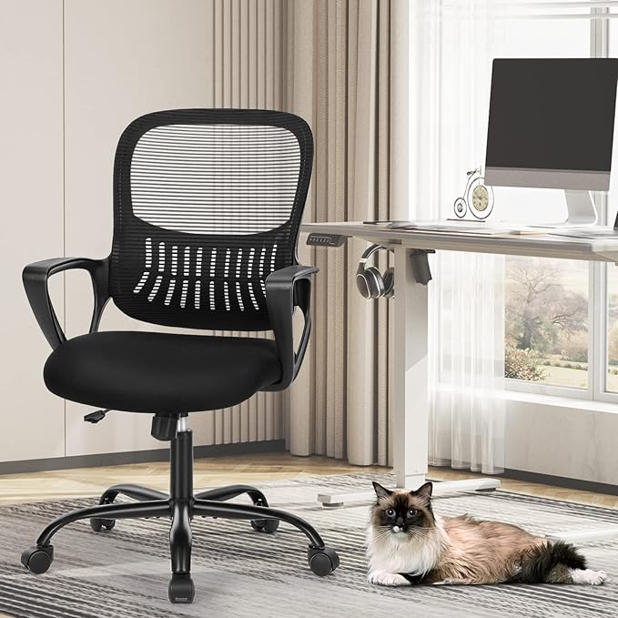 Sweetcrispy Home Office Managerial Executive Chair with Ergonomic Design, Mid-Back Mesh 360° Swivel, Comfortable Lumbar Support, Comfy Arms for Bedroom,Study,Student, Black