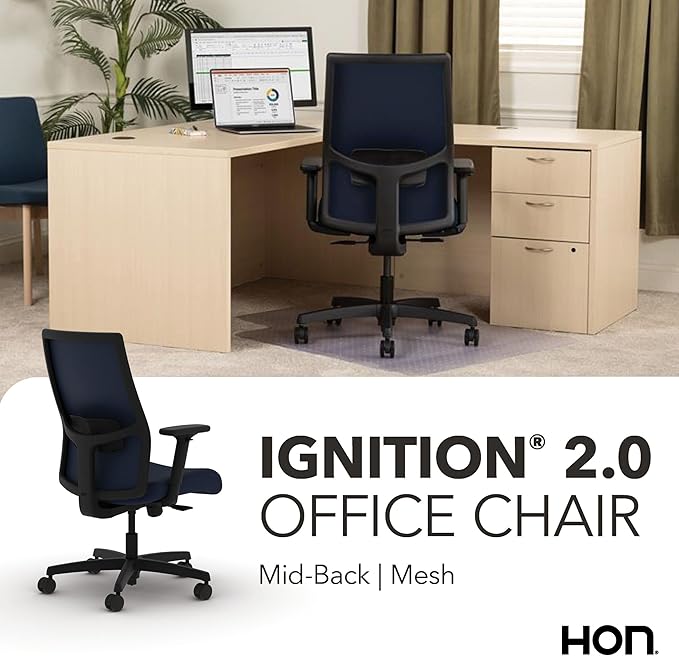 HON Ignition 2.0 Mid Back Task Chair, Spectrum Mesh, Standard Synchro-Tilt Control, Office Chair with Lumbar Support, Height and Width Adjustable Arms, Black Frame, Blueberry