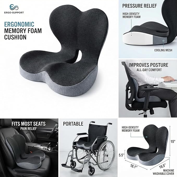 Ergonomic Memory Foam Seat Cushion, L-Shaped Back Support Pillow for Office Chair, Car Seat & Home, Pressure Relief Cushion for Driving & Long Sitting