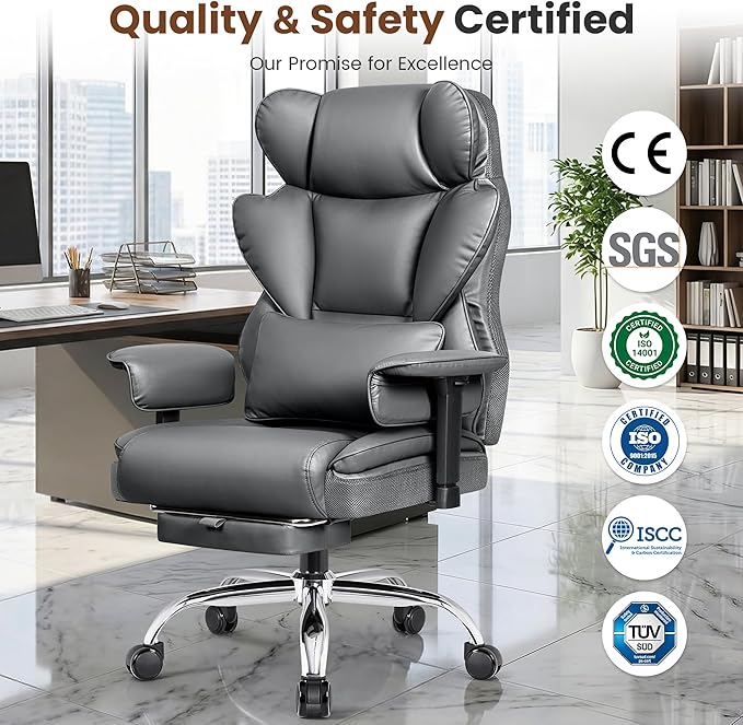 BESTFAIR Big and Tall Office Chair for Heavy People - 400 LBS Capacity Executive Chair with High Back & Footrest, Ergonomic Wide Padded Seat Computer Gaming Chair, Smoke Gray