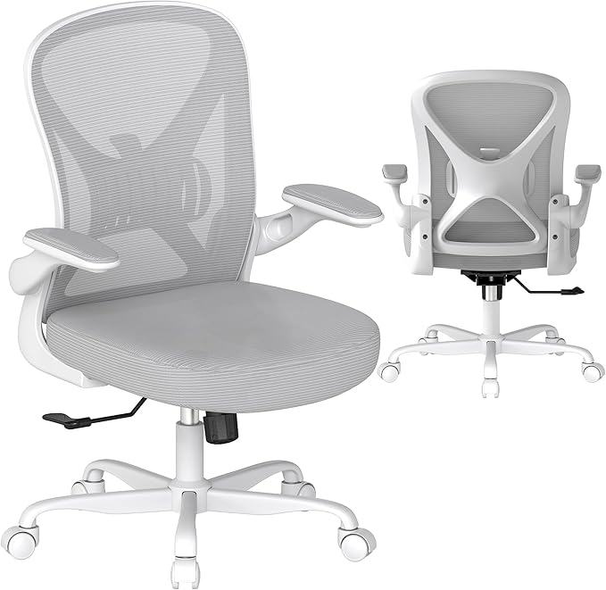 Ergonomic Mesh Office Chair, Computer Chair with Flip-Up Armrests, Adjustable Lumbar Support, Height Adjustable, Smooth Casters, and 360° Swivel, 10PC, Grey