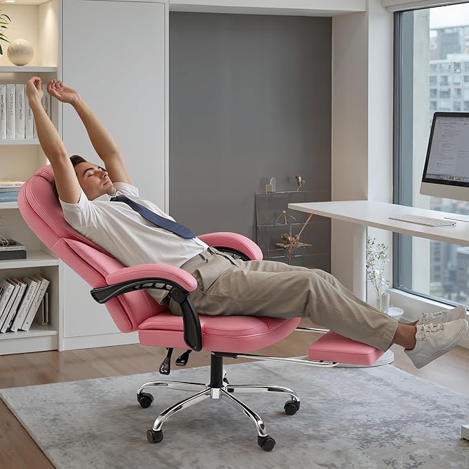 Shahoo Executive Office Chair with Massage, Ergonomic Reclining High Back Leather Seats with Footrest and Lumbar Support, Big and Tall, 400Lbs Heavy Duty, Pink