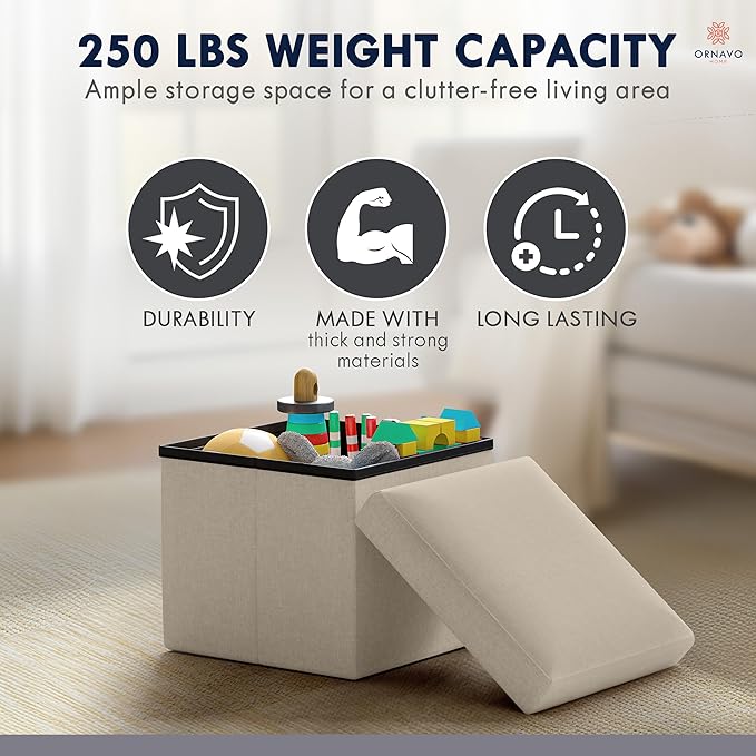 Ornavo Home Small Storage Ottoman, Set of 2 Foldable Collapsible Cube Square Linen Ottoman Foot Rest Stool Seat, for Living Room, Bedroom, Home Office, Dorm - 12 x 12 x 12, Beige