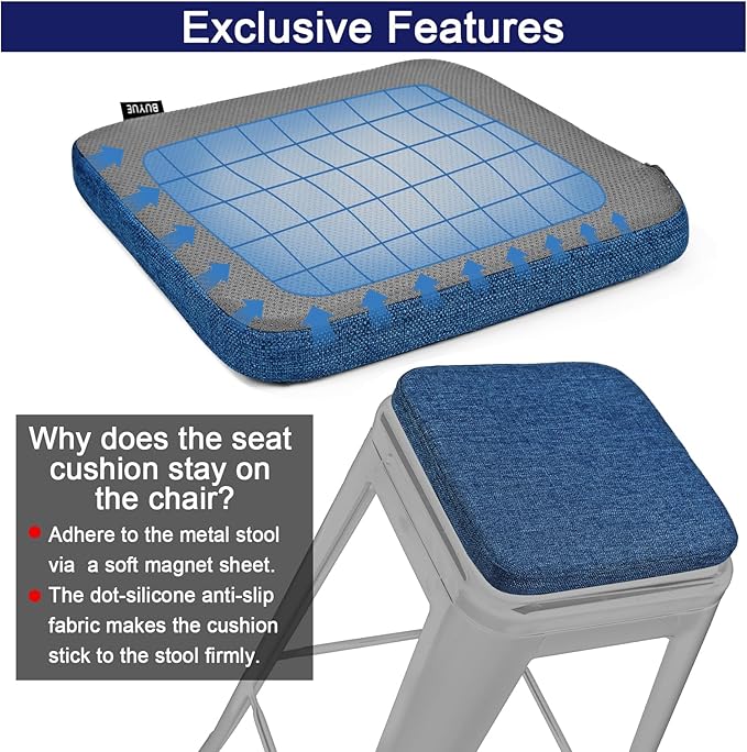 BUYUE Friendly Woven Fabric Magnetic Bar Stool Cushion 1 Piece, Enhanced Anti-Slip Breathable Small Chair Seat Pad for Café Bistro Stackable Metal Stool (Square, Dark Blue, 1)
