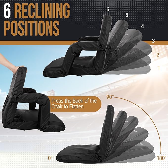 Home-Complete Stadium Seats - Bleacher Cushion with Padded Back Support and Armrests - 6 Reclining Positions Folding Stadium Chair with Carry Straps for Sports, Concerts, Camping, or Beach