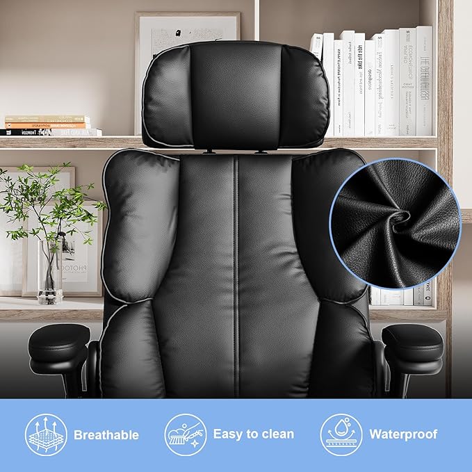 Kensaker Ergonomic Executive Office Chair with Adjustable Headrest & 90° Flip-Up Arms, High Back PU Leather Computer Desk Chair with 135° Rocking & Double Padding for Home Office Comfort, Black