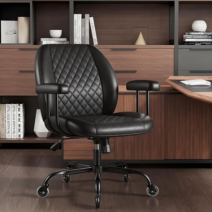 Furmax Ergonomic Home Office Chair Executive Leather Mid Back Desk Chair, Adjustable 360° Swivel Task Chair for Conference Room Study (Black)