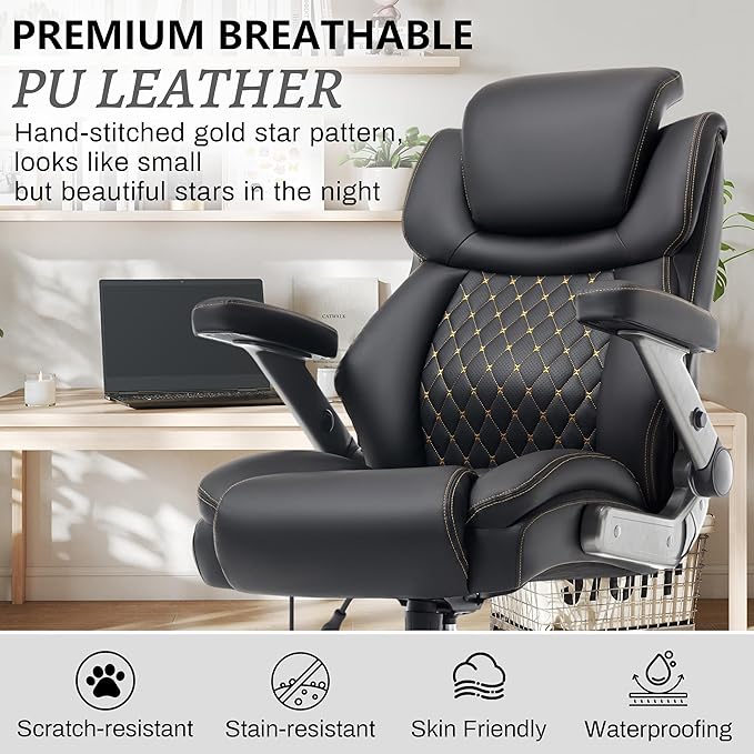 Big and Tall Office Chair 750lbs, Executive Office Chair with Adjustable Headrest&Lumbar Airbag Support, PU Leather High Back Heavy Duty Chair 5D Flip Arms, Ergonomic Thick Spring Cushion, All Black