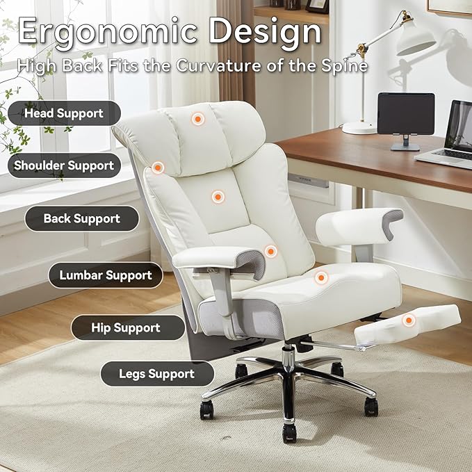 Efomao Big and Tall Office Chair with Footrest, 450lbs High Back Executive Chair with Spring Cushion, PU Leather Upholstery, Padded Armrests, Swivel Base, and Rolling Wheels – White Computer Chair