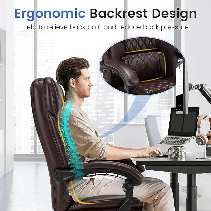 HOMREST 6-Point Massage Office Chair,Heated Executive Ergonomic Home Office Desk Chair with Foot Rest Retractable Height Adjustable Armrest & Lumbar Support PU Leather Brown