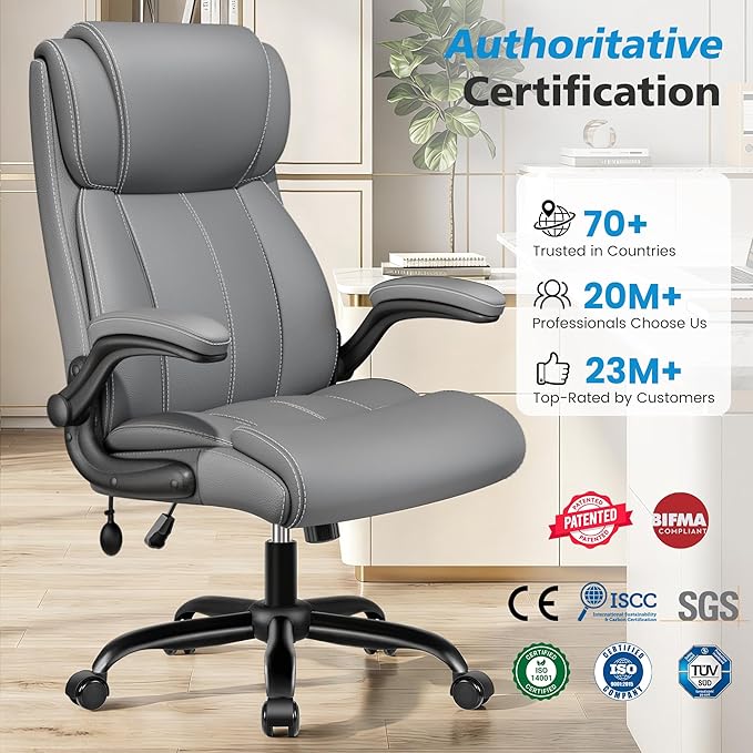 Ergonomic Office Chair – High Back Computer Desk Chair with Inflatable Lumbar Support & Flip-Up Arms, Heavy Duty PU Leather Executive Chair, Wide Seat, Long Hours, Light Gray