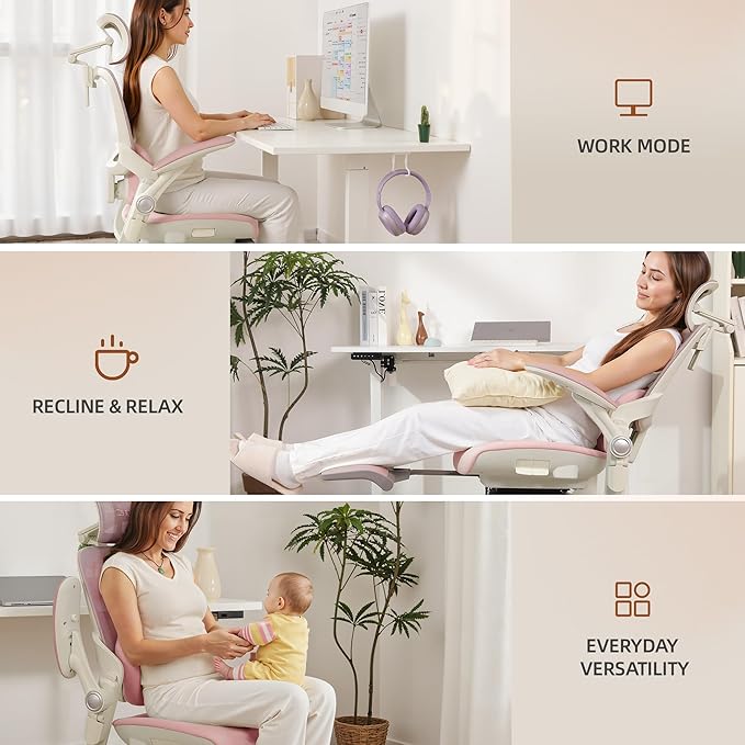 CabLady S2 Petite Ergonomic Office Chair for Women, Small Frame Desk Chair with Adjustable Lumbar, Headrest & Footrest, Space-Saving Flip-Up Armrests