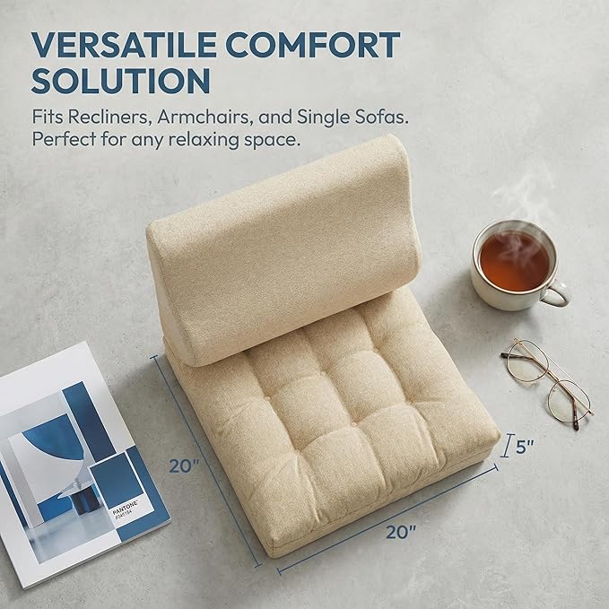 baibu Extra Large Memory Foam Recliner Cushions with Lumbar Support Pillow for Elderly, 20x20x5 Inch Thick Dual-Layer Patent Design Non-Slip Recliner Seat Cushion for Reduce Hip & Lumbar Pain, Beige
