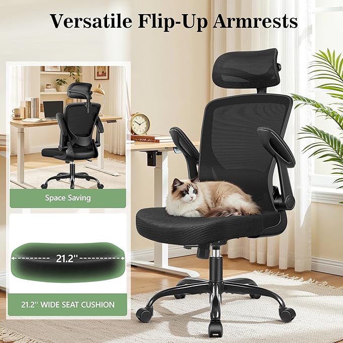 BESTFAIR Office Chair Ergonomic Desk Chair, Breathable Mesh Office Chairs with Adjustable Lumbar Support, Flip-Up Arms, Computer Desk Chair Comfy for Home Office, 6 Pack