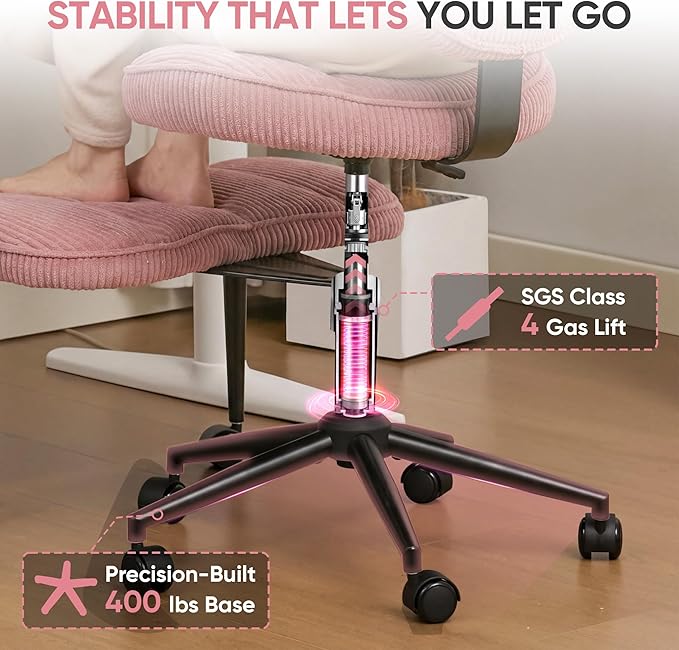 Criss Cross Office Chair with Wheels, Adjustable-Height Backrest & Swivel Footrest, Ergonomic Cross Legged Office Chair with Leg Rest for Kneeling Meditation Yoga ADHD (Pink Canvas)