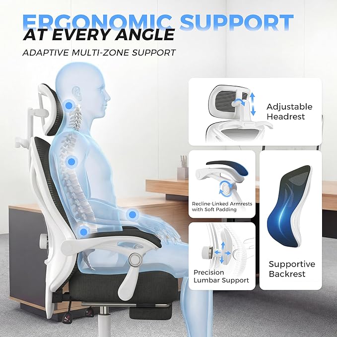 Ergonomic Office Chair with Footrest - Adjustable Lumbar Support & Headrest, 90-160° Reclining Mesh Back Computer Chair - Home Office/Gaming, 350lbs Capacity