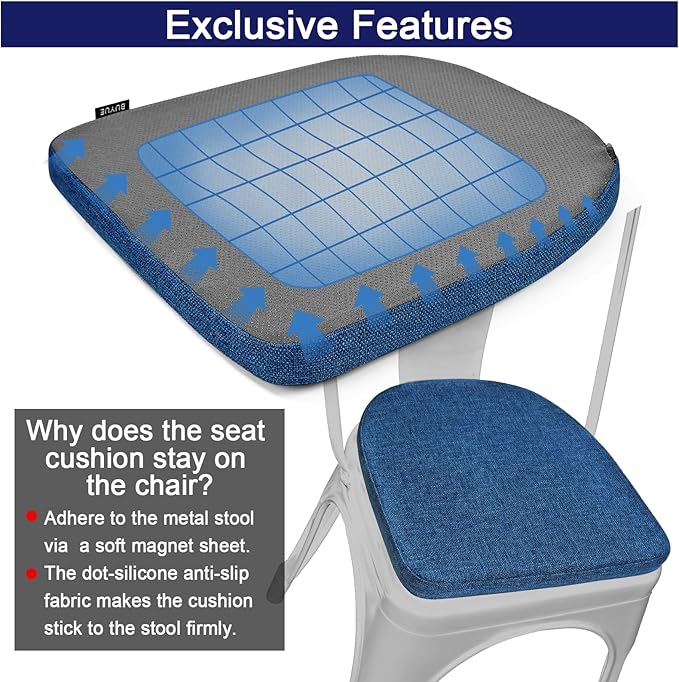 BUYUE Friendly Woven Fabric 14x14 Magnetic Cushion for Metal Chair 1 Piece, Enhanced Anti-Slip Seat Pad for Dining Kitchen Café Stackable Chair (U-Shape, Dark Blue, 1 Count)