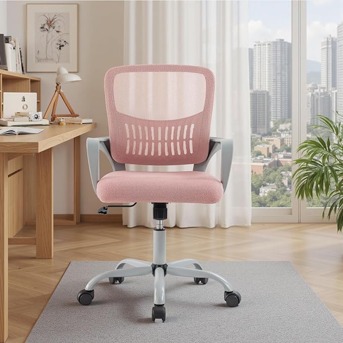 DUMOS Home Office Computer Chair - Ergonomic Mid Back Desk with Lumbar Support and Rocking Mode, Height Adjustable with Fixed Armrest, for Conference Meeting Room, 360° Swivel, Adults, Pink