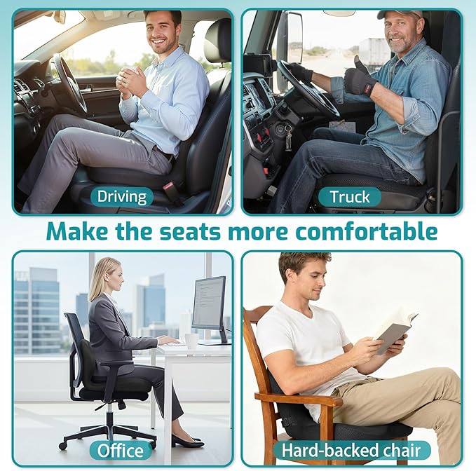 Memory Foam Seat Cushion,Office Chair Cushion with Lumbar Support for Back Pressure Relief, Car Seat Cushion with Adjustable Strap,Sciatica Pad Cushions for Car,Truck, Desk (D-black+mesh Cloth)