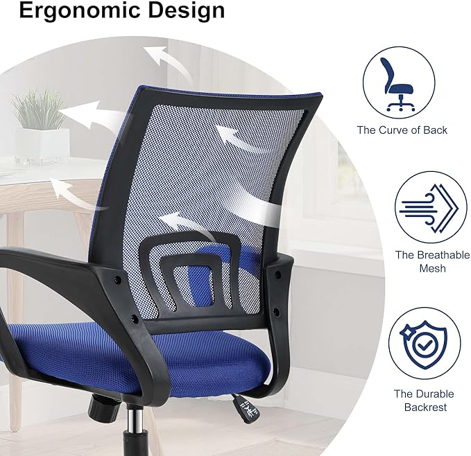 Computer Desk Chair,Work Chairs for Home Office,Ergonomic Office Chair with Lumbar Support,Mesh Office Chair with Arm and Wide Comfortable Seat,Adjustable Rolling Office Chair,Blue