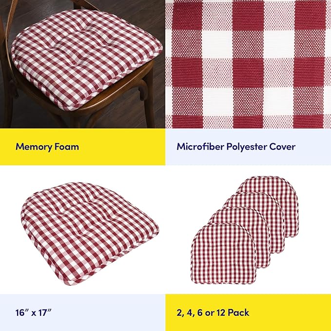 Sweet Home Collection Chair Cushion Memory Foam Pads Tufted Slip Non Skid Rubber Back U-Shaped 17" x 16" Seat Cover, 2 Count (Pack of 1), Checkered Wine/White