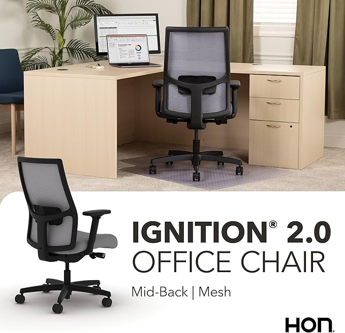 HON Ignition 2.0 Mid Back Task Chair, Advanced Synchro-Tilt Control, Office Chair with Lumbar Support, Height and Width Adjustable Arms, Black Frame, Frost