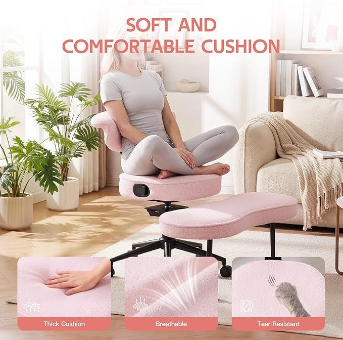 Garvee Ergonomic Cross Legged Office Chair with Lumbar Support, 360° Swivel Meditation Chair with Wheels - Adjustable Height for ADHD Desk & Yoga, Wide Criss Cross Chair, Kneeling Chair for Home, Pink