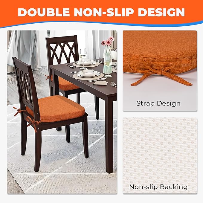 Sunsleek Chair Cushions for Dining Chairs, D-Shaped Seat Cushions with Removable Washable Cover and Ties, Chair Pads for Kitchen, Indoor Dining Room, Patio Chairs, 17'' x 16'', Set of 4, Orange