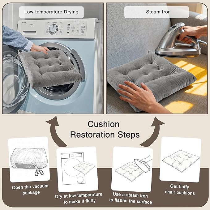 OVOV 6 Pack Chair Cushions for Dining Chairs Soft Seat Cushions for Kitchen Desk Chairs Square Chair Pads with Ties (15.5"x15.5" Light Grey)