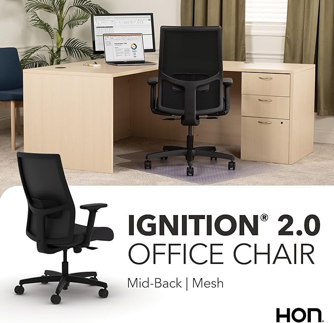 HON Ignition 2.0 Mid Back Task Chair, Spectrum Mesh, Standard Synchro-Tilt Control, Office Chair with Lumbar Support, Height and Width Adjustable Arms, Black Frame, Onyx