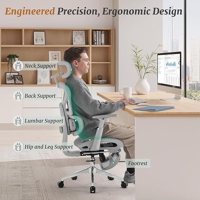 Cozyman Ergonomic Office Chair with Footrest - 5-Level Adjustable Lumbar Support & 90-135°Recline, 3D Headrest & 4D Armrests, Breathable Mesh Seat Computer Chair for Home Office, Gaming, Light Grey