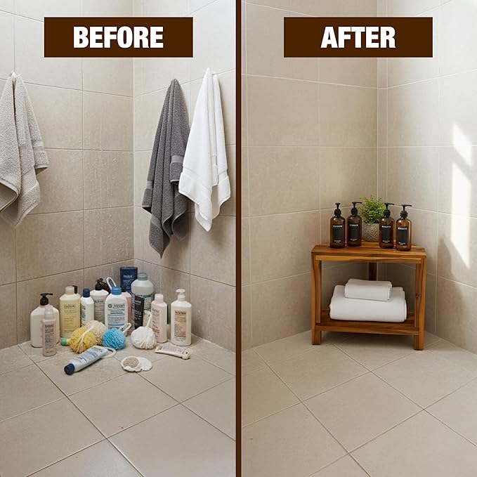 20" Corner Shower Stool for Inside Shower, Acacia Wood Shower Foot Rest for Shaving Legs with Storage Shelf, Waterproof Wooden Shower Bench Seat
