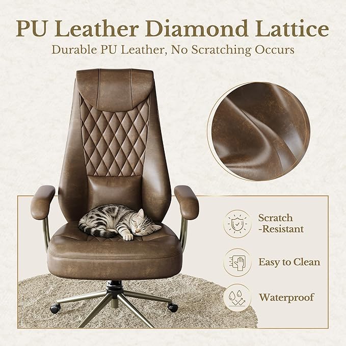 High Back Executive Office Chair, Ergonomic PU Leather Desk Chair with Integrated Headrest, Lumbar Support & Recline Function, Adjustable Swivel Computer Chair for Home Office, Brown