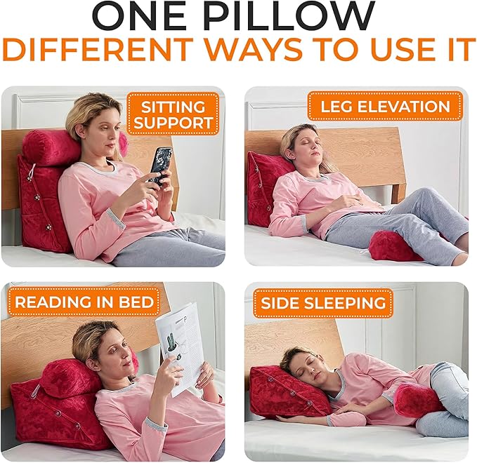 Cheer Collection Reading Wedge Pillow - Adjustable Wedge Reading Pillow with Neck Support, Hollow Fiber-Filled Backrest Pillow for Reading, Gaming, and TV Watching, Maroon
