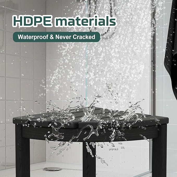 Corner Shower Stool for Inside Shower, HDPE Waterproof Shower Bench Seat Chair, Plastic Bath Shower Stool for Shaving Legs Foot Rest with Storage Shelf, Adjustable & Non-Slip Feet, Black