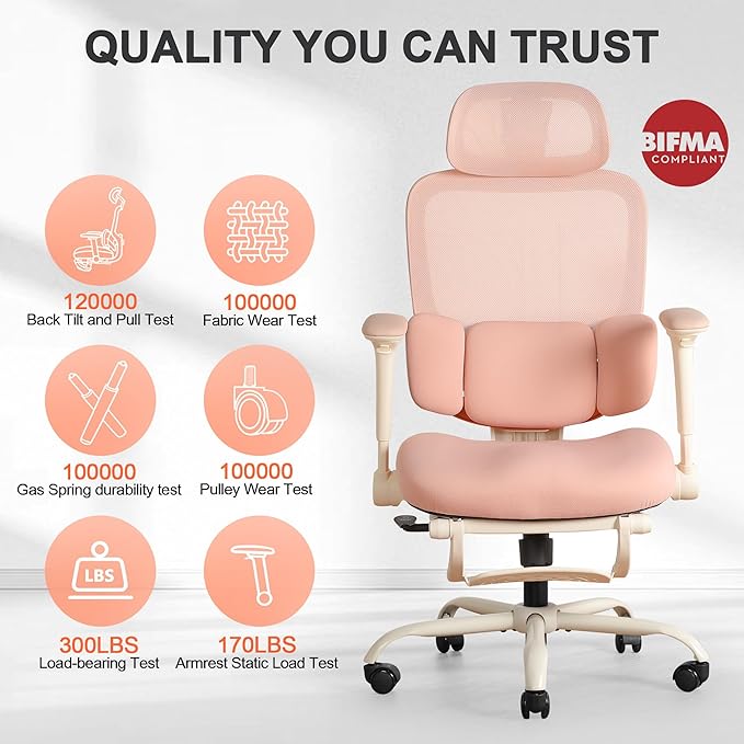 Ergonomic Office Chair with 4D Flip-Up Arms & Footrest, Mesh Desk Gaming Chair with 3D Headrest & 2D Floating Wing Lumbar Support, High Back Computer Chair for Home Office Vanity, Pink