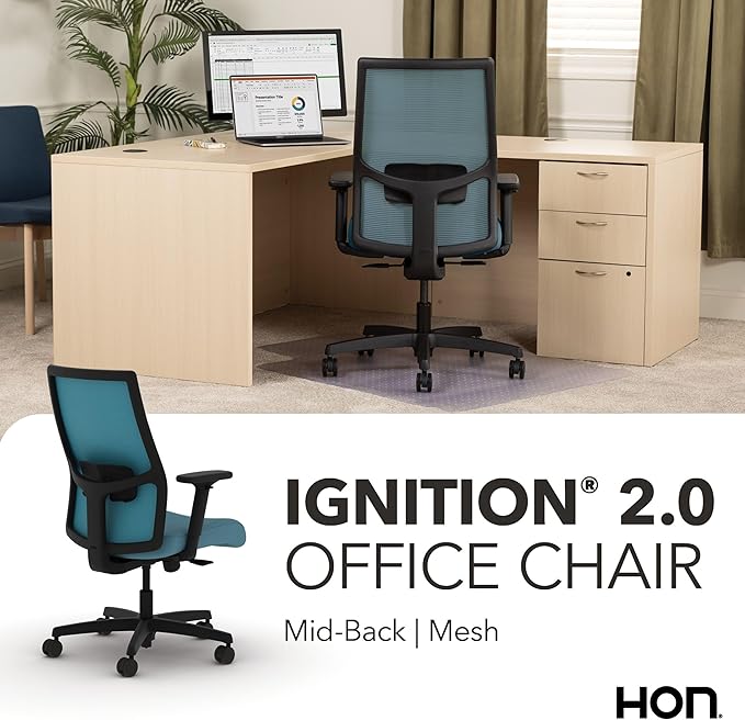 HON Ignition 2.0 Mid Back Task Chair, Spectrum Mesh, Standard Synchro-Tilt Control, Office Chair with Lumbar Support, Height and Width Adjustable Arms, Black Frame, Sky