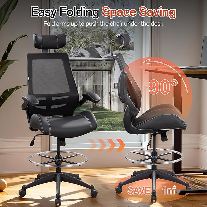 BOLISS Ergonomic Drafting Chair with 4-Level Adjustable Headrest Tall Standing Desk Stool with Soft Microfiber Leather Seat, Breathable Mesh Back, 90° Flip-Up Arms, and Adjustable Foot Ring