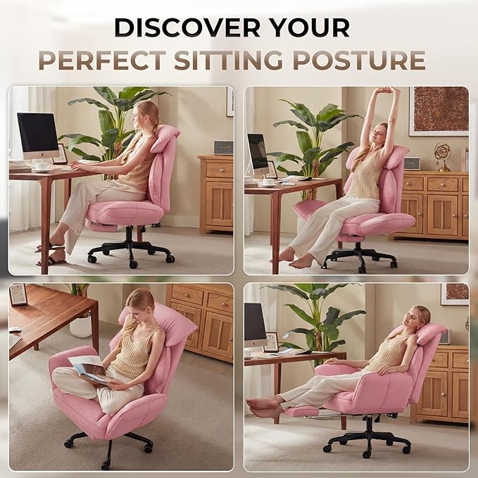 Dowinx Cross Legged Office Chair with Pivoting Armrests,Criss Cross Chair with Pocket Spring Seat & Back,Reclining Computer Gaming Chair with Footrest and Metal Base (Pink)