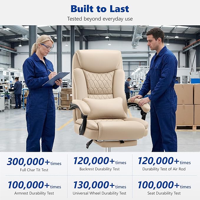 Big and Tall Office Chair 400lbs - Wide Memory Foam Seat with Spring Pack, Reclining Executive Desk Chair with Footrest, Ergonomic Heavy Duty High Back Computer Chair, Khaki